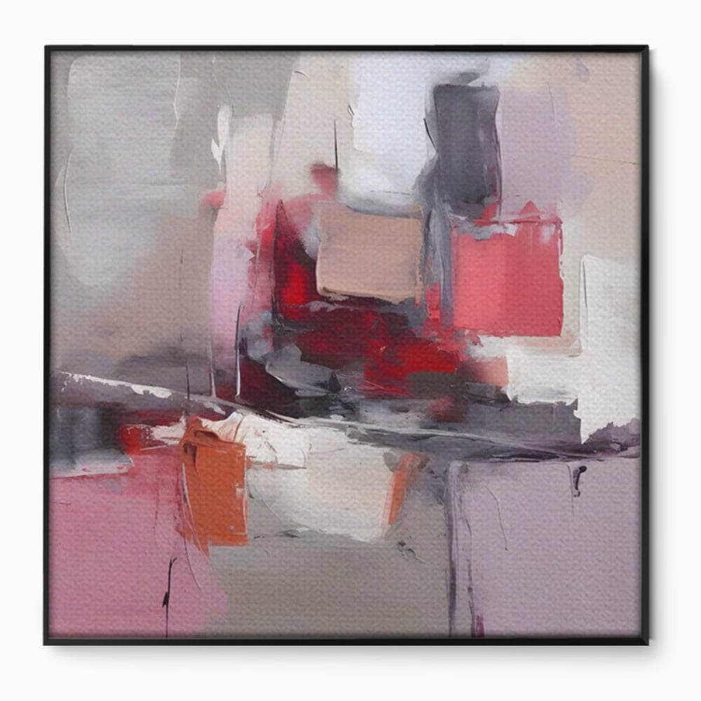 Tablou canvas cu pictura abstracta cu blocuri rosii si gri, in rama de aluminiu negru